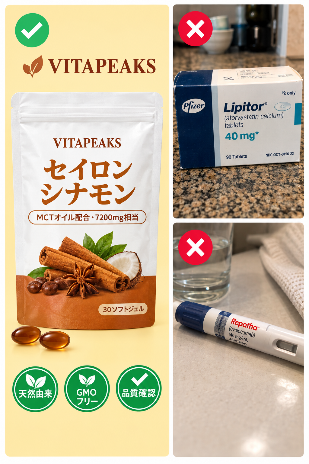 提供された製品比較画像。医薬品の代替を示すものではありません